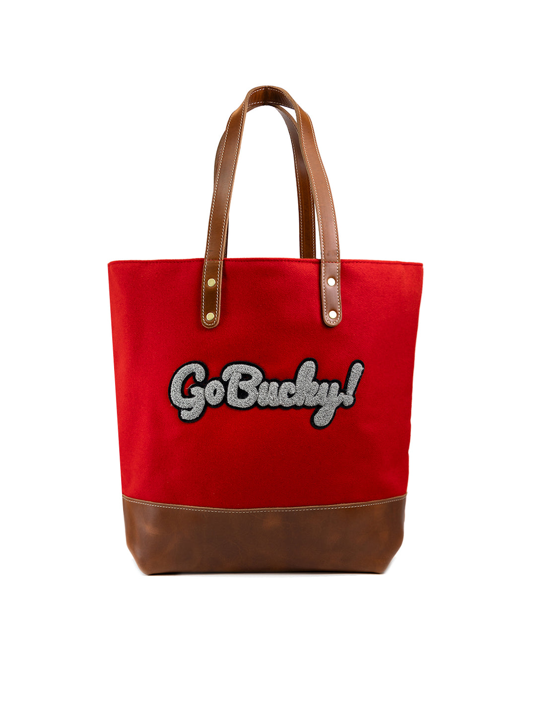 Front view of Heritage Gear's wisconsin red script go bucky tote bag.