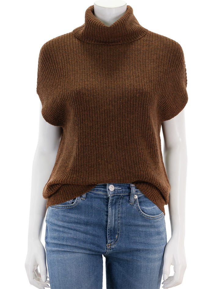 Front view of Lilla P.'s ribbed turtleneck sweater in copper.