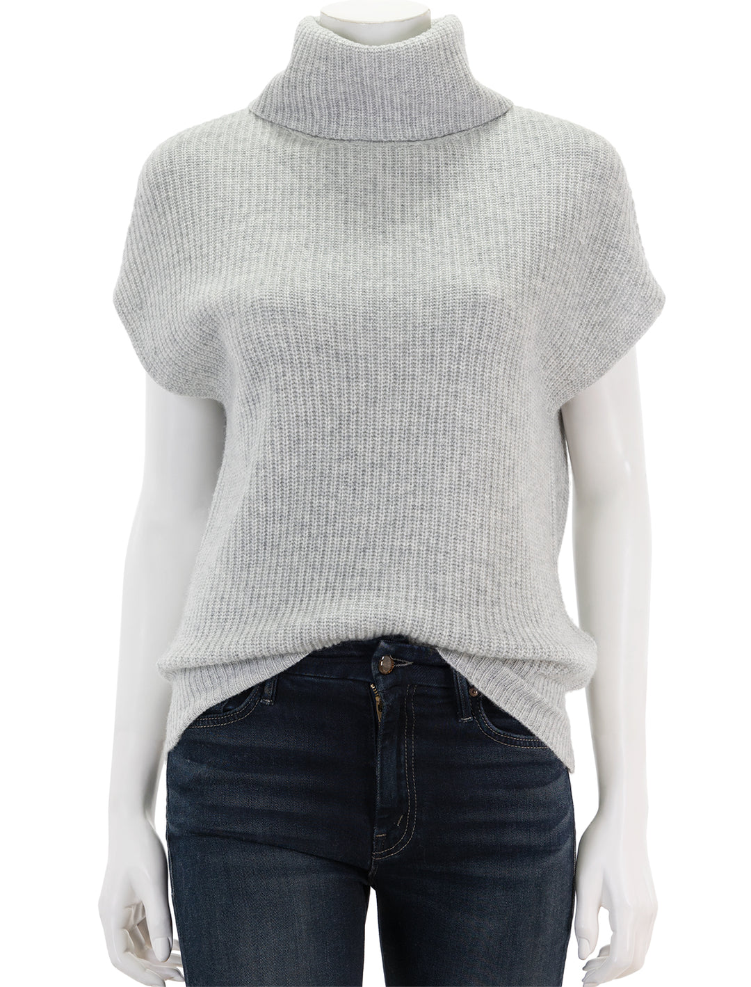 Front view of Lilla P.'s ribbed turtleneck sweater in heather grey.