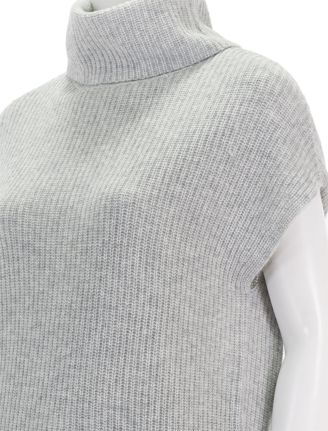Close-up view of Lilla P.'s ribbed turtleneck sweater in heather grey.