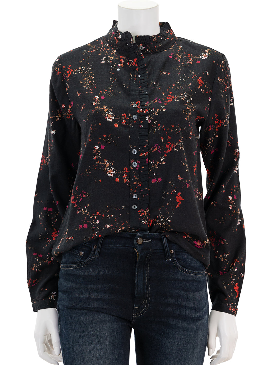 Front view of Lilla P.'s ruffle button down blouse in black floral print.