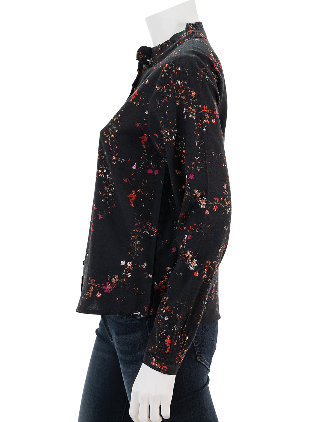 Side view of Lilla P.'s ruffle button down blouse in black floral print.