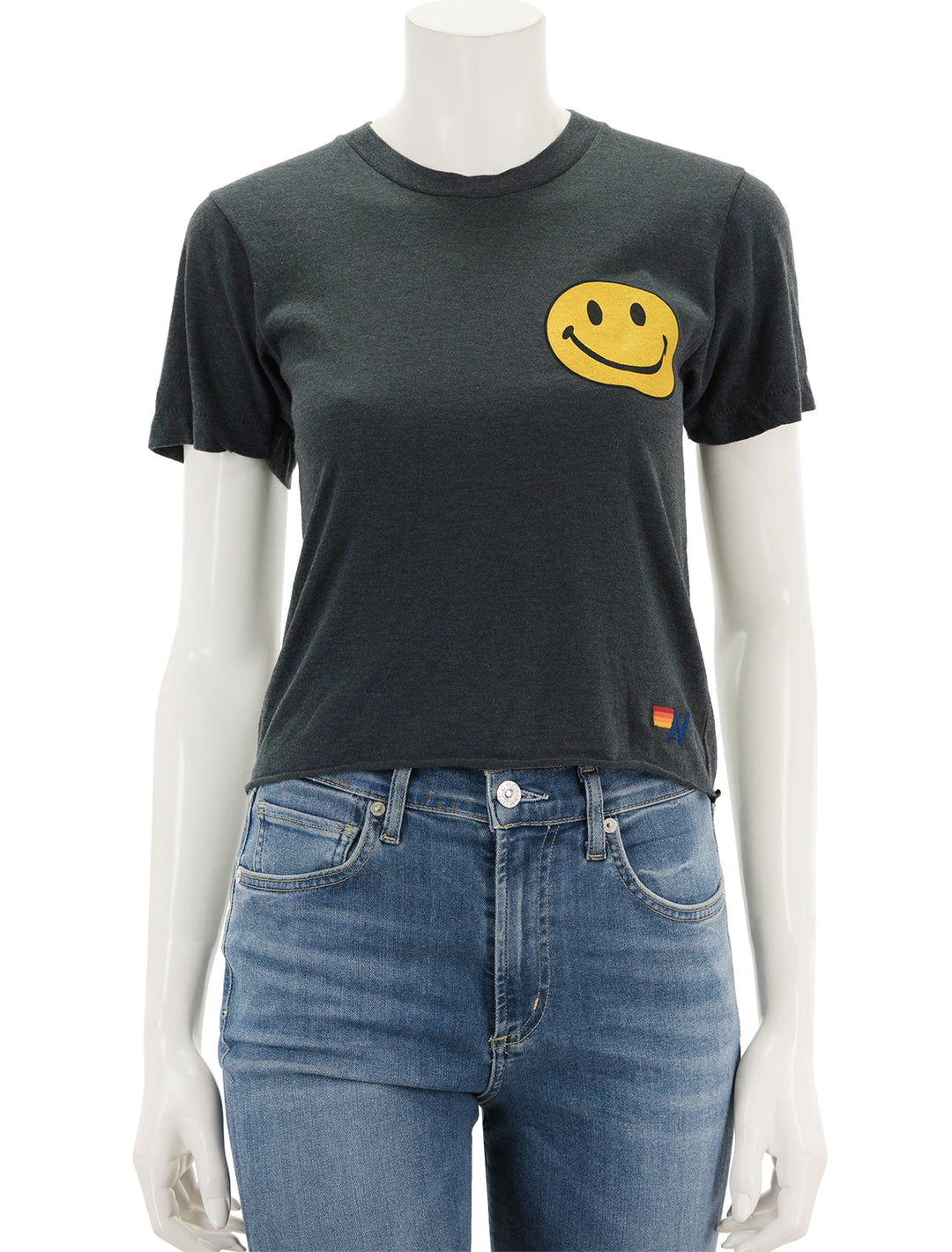 front view of smiley 2 boyfriend tee in charcoal