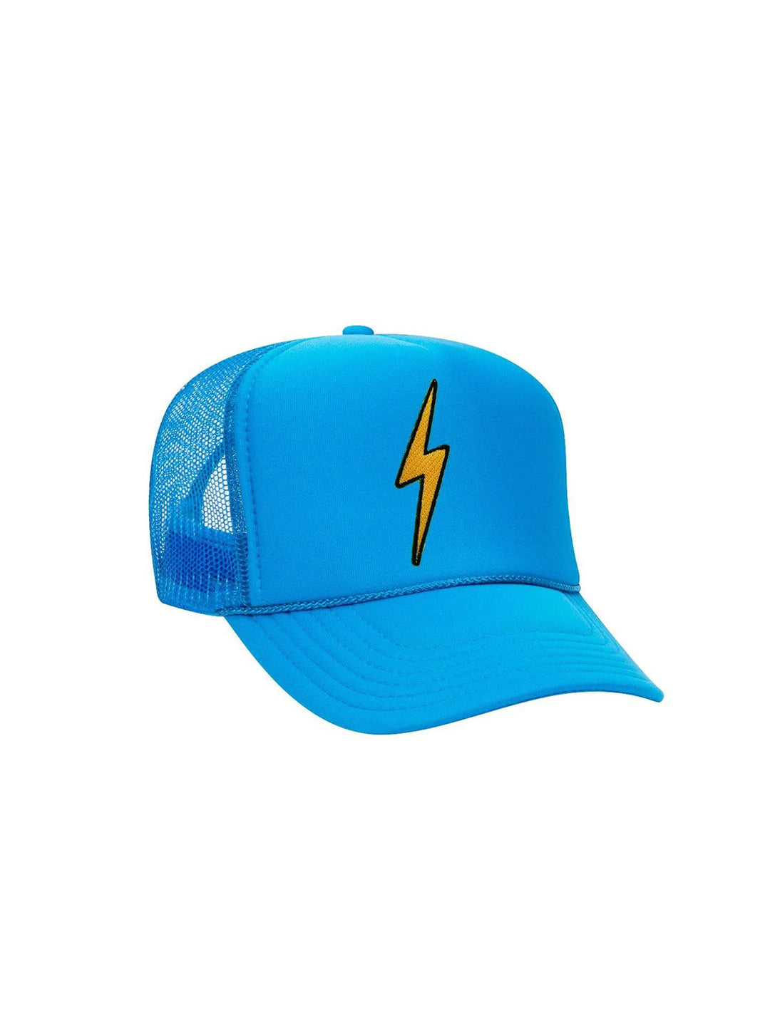Aviator Nation's bolt vintage low rise trucker hat in neon blue.