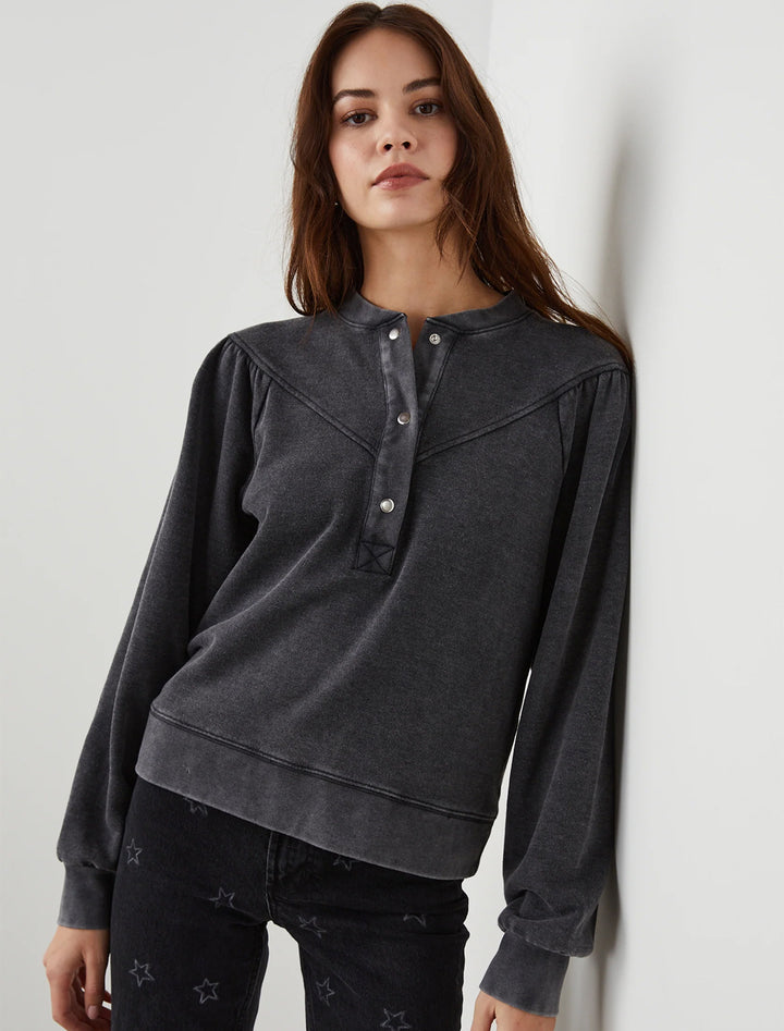 model wearing dex top in black acid wash