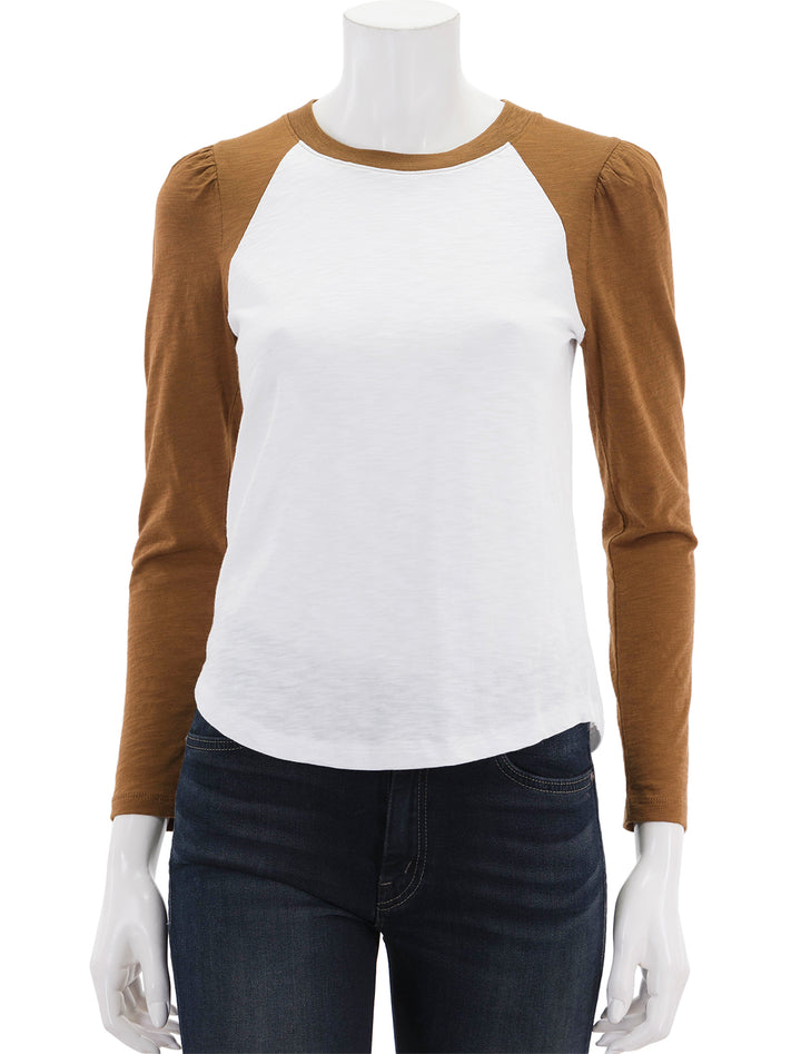 Front view of Veronica Beard's mason baseball tee in white and ochre.
