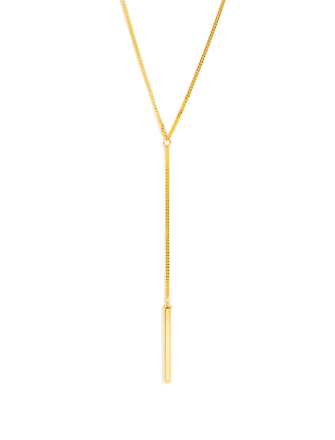 Front view of AV Max's long y bar chain necklace in gold.