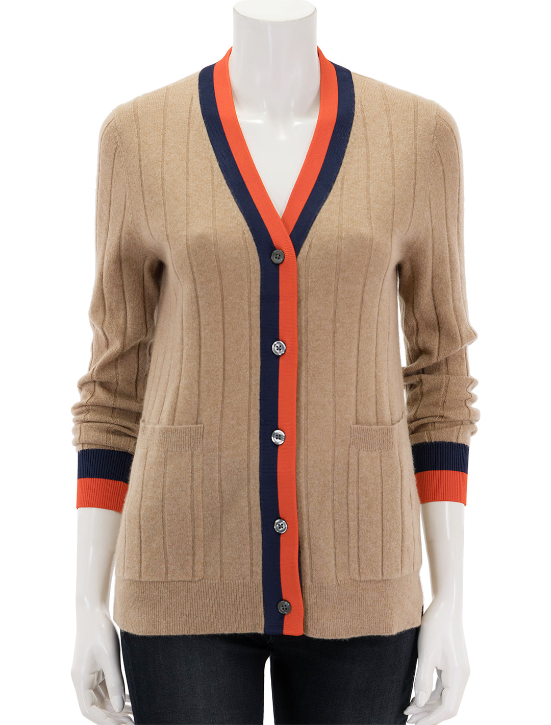 Front view of KULE's sinclair cardi in camel.