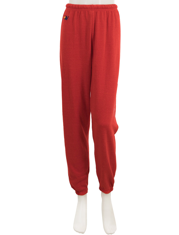 Front view of Aviator Nation's bolt - womens sweatpants in red and white.