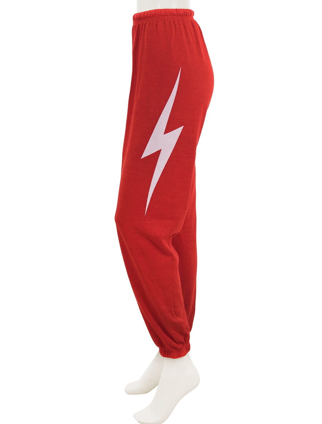 Side view of Aviator Nation's bolt - womens sweatpants in red and white.