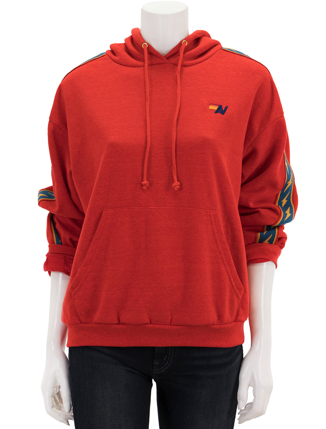 Front view of Aviator Nation's bolt stripe relaxed pullover hoodie in red.