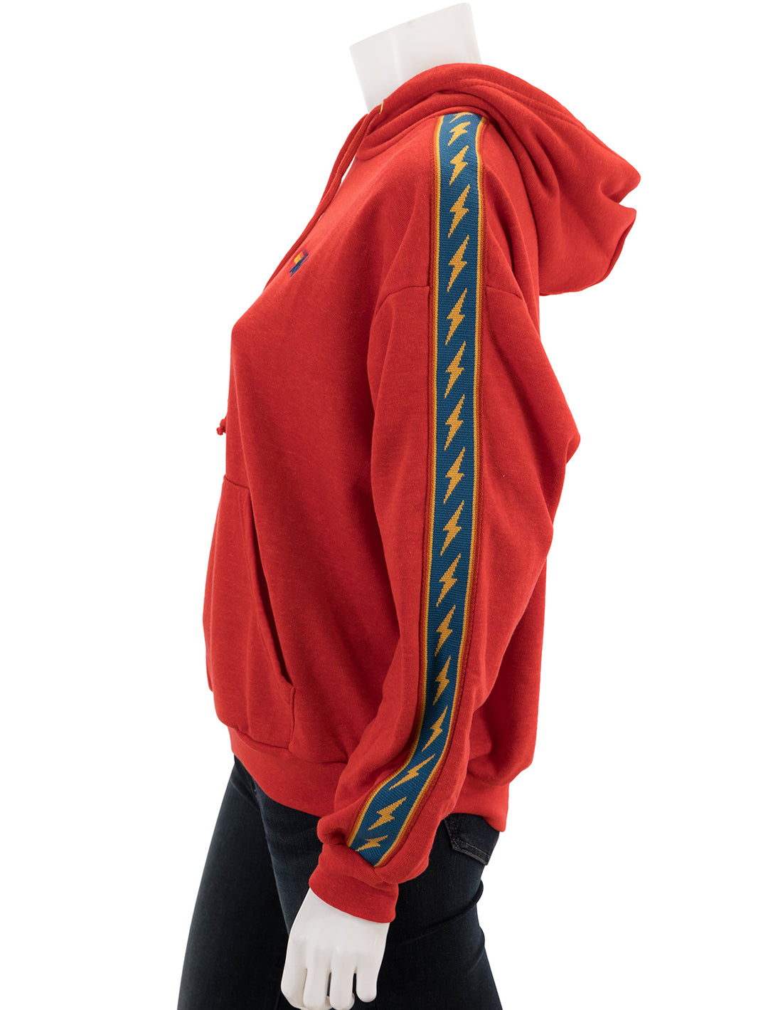 Side view of Aviator Nation's bolt stripe relaxed pullover hoodie in red.