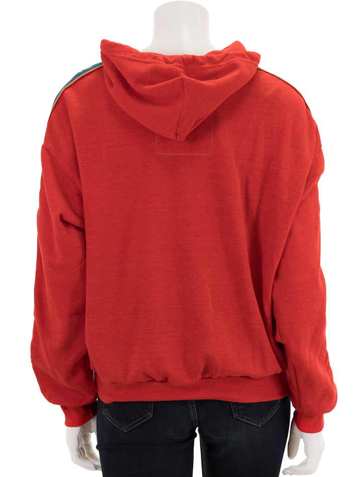 Back view of Aviator Nation's bolt stripe relaxed pullover hoodie in red.