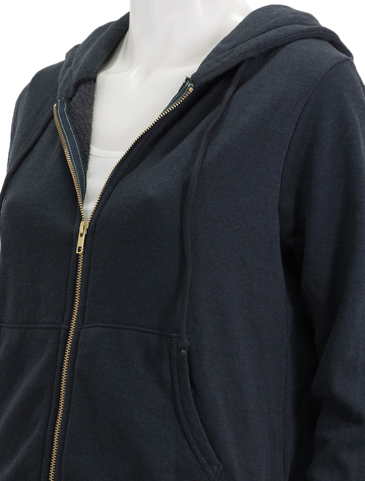 Close-up view of Aviator Nation's heart stitch zip hoodie in charcoal.