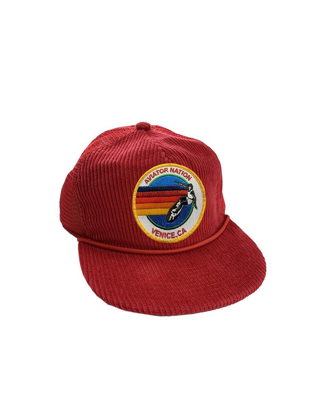 Front angle view of Aviator Nation's signature vintage corduroy mesh trucker hat in red.