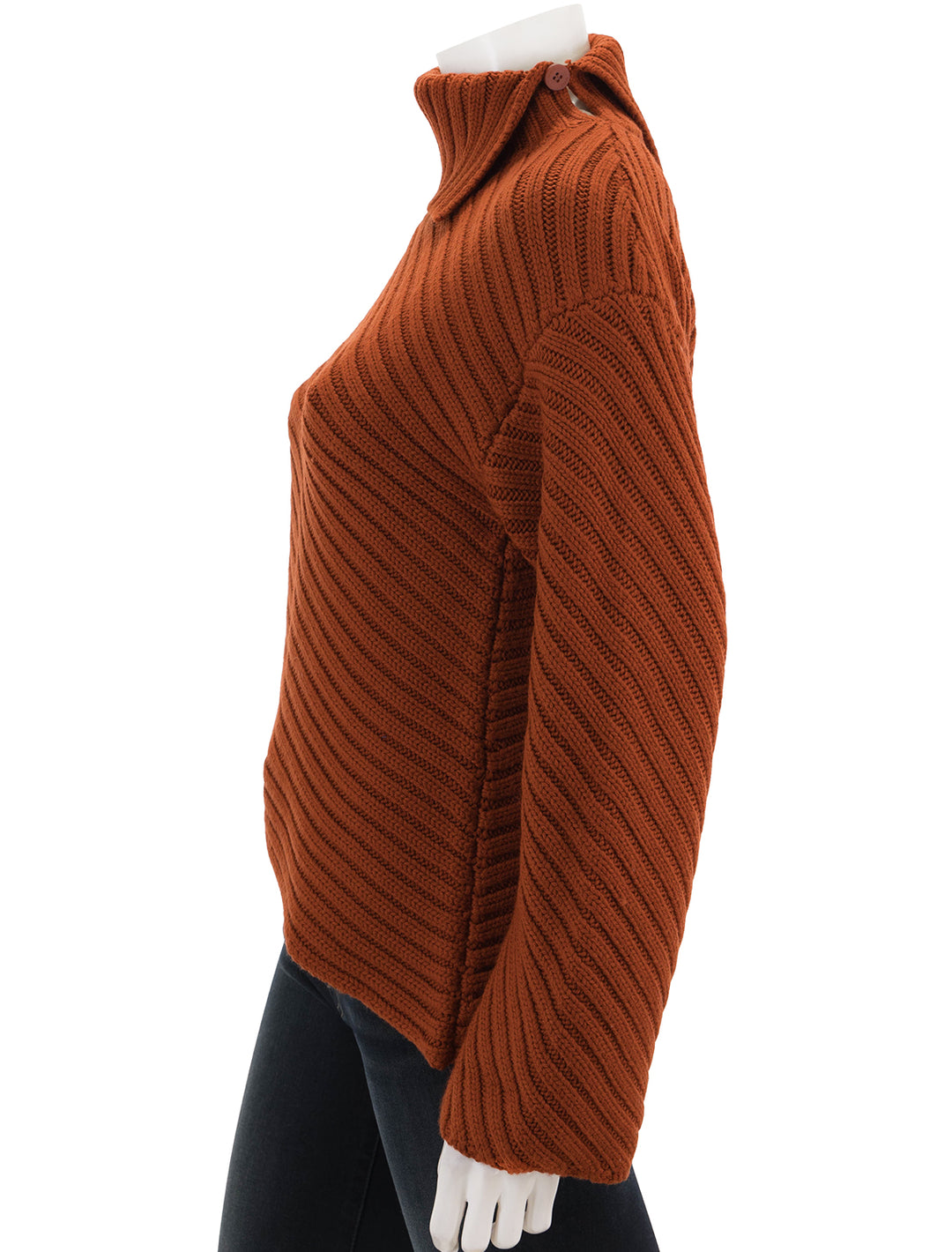Side view of STAUD's engrave sweater in cinnamon.