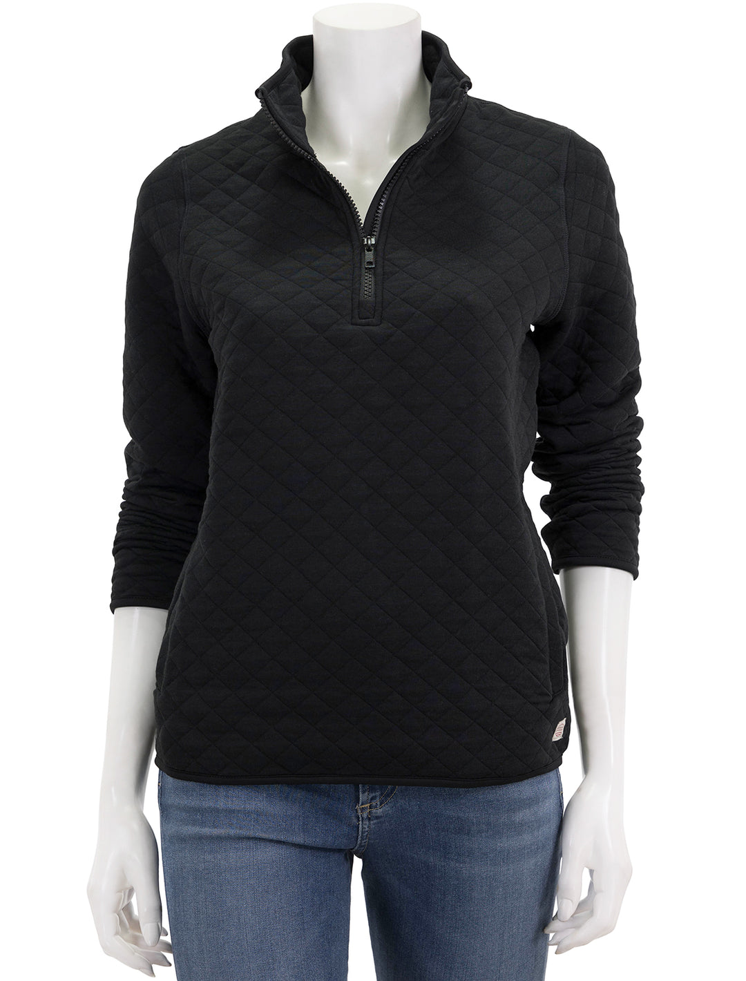 Front view of Marine Layer's corbet quilted pullover in black heather.