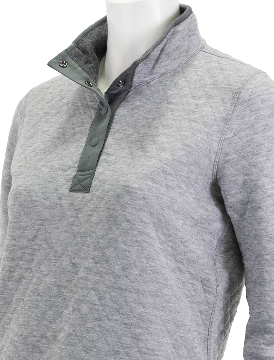 Close-up view of Marine Layer's reversible corbet pullover in charcoal and heather grey.