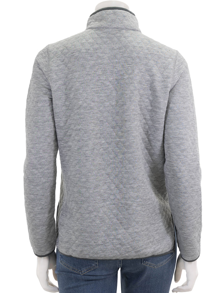 Back view of Marine Layer's reversible corbet pullover in charcoal and heather grey.