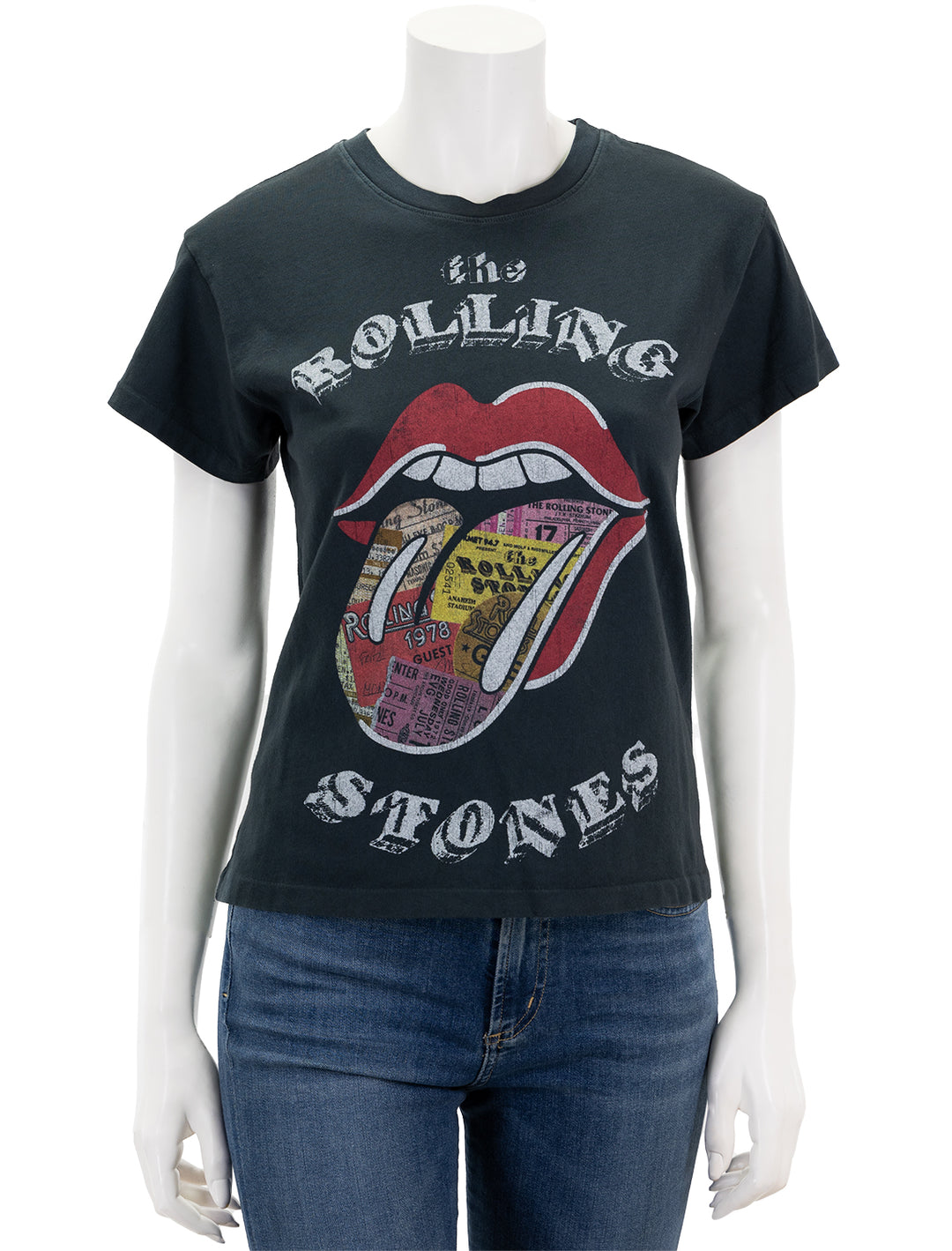 Front view of Daydreamer's rolling stones ticket fill tongue tour tee.
