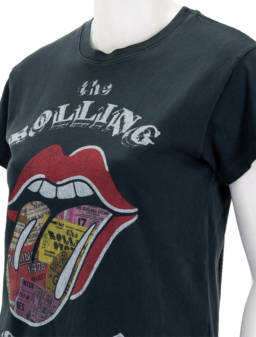 Close-up view of Daydreamer's rolling stones ticket fill tongue tour tee.
