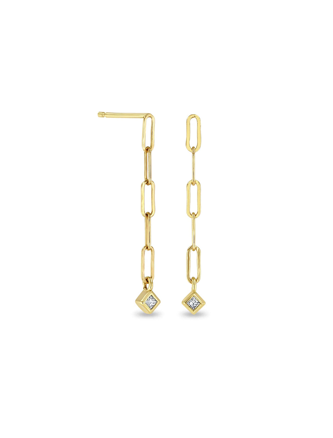 14k paperclip chain drop earrings with princess diamonds