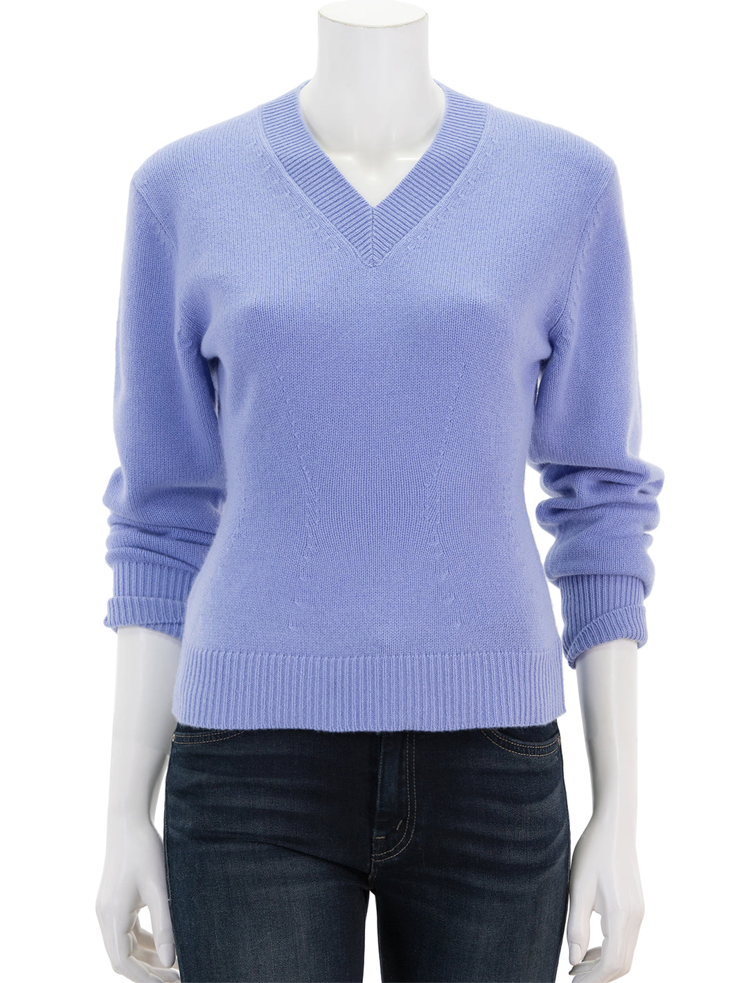 Front view of Theory's peplum vneck cashmere pullover in grotto.