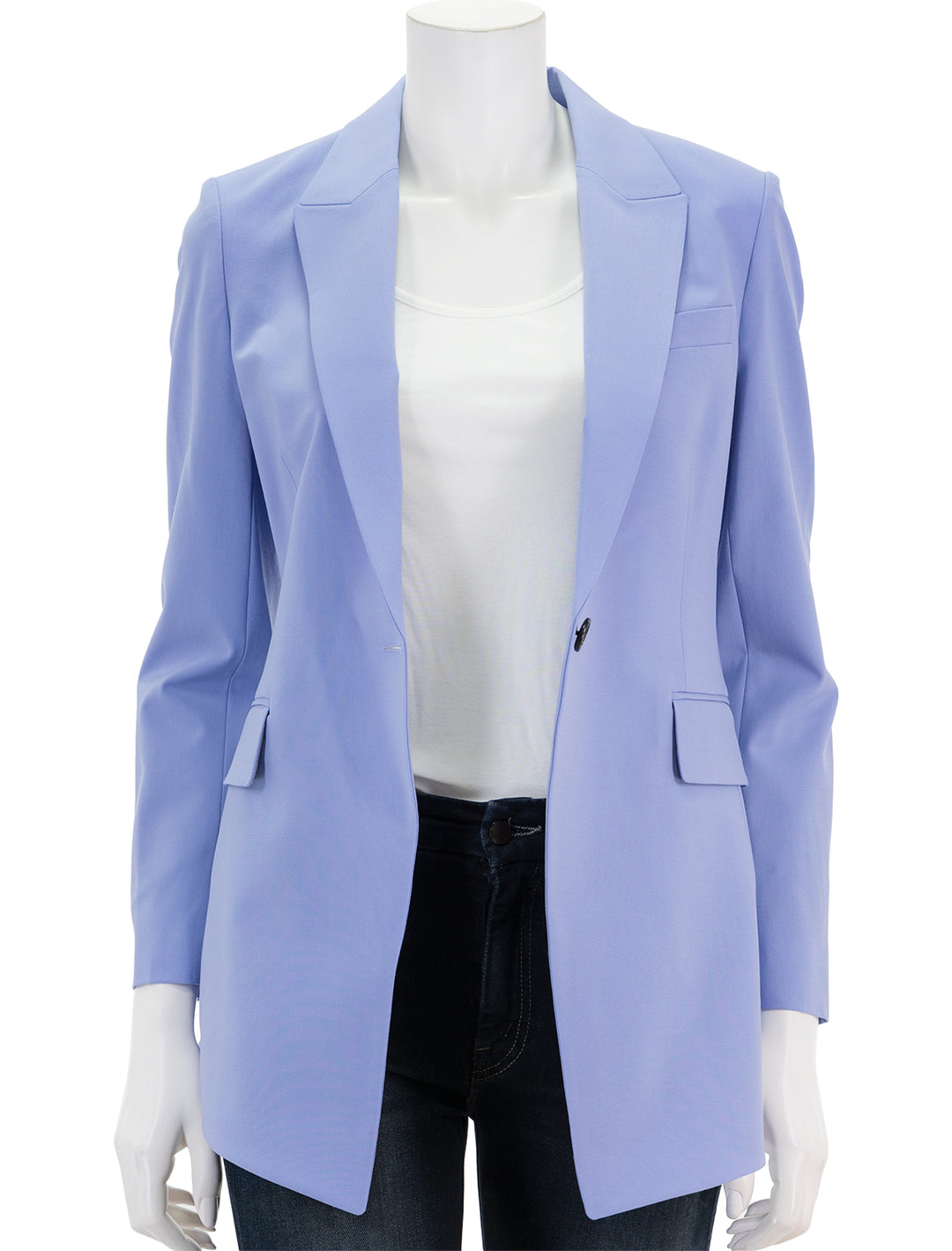 Front view of Theory's etiennette blazer in grotto, unbuttoned.