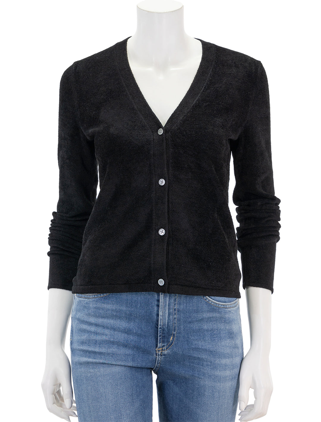 Front view of Theory's velvet cardi in black.