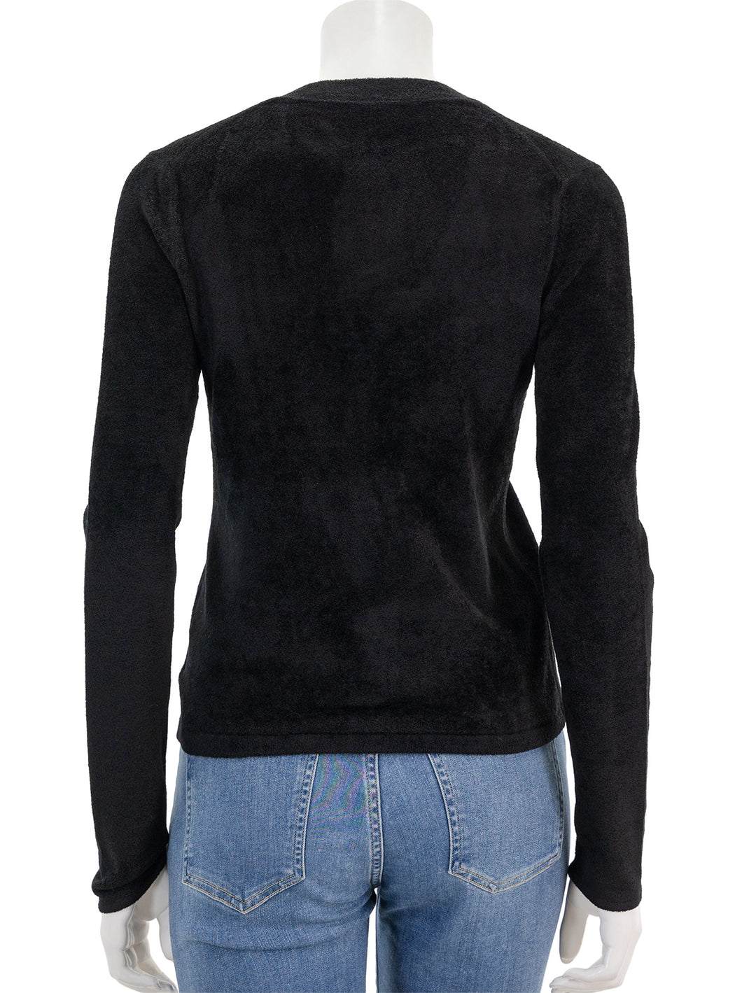 Back view of Theory's velvet cardi in black.