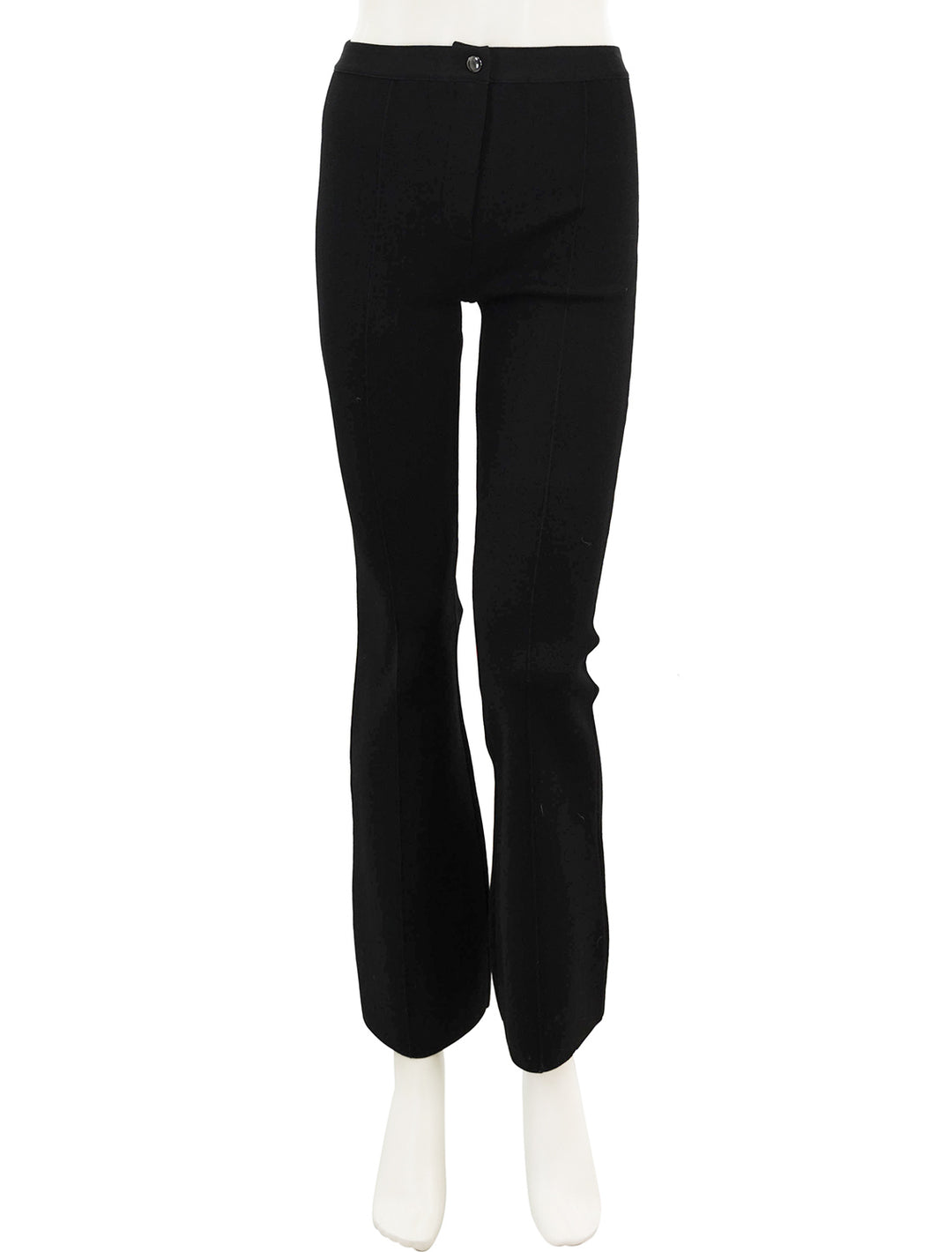 Front view of Theory's flare pant in black compact crepe.