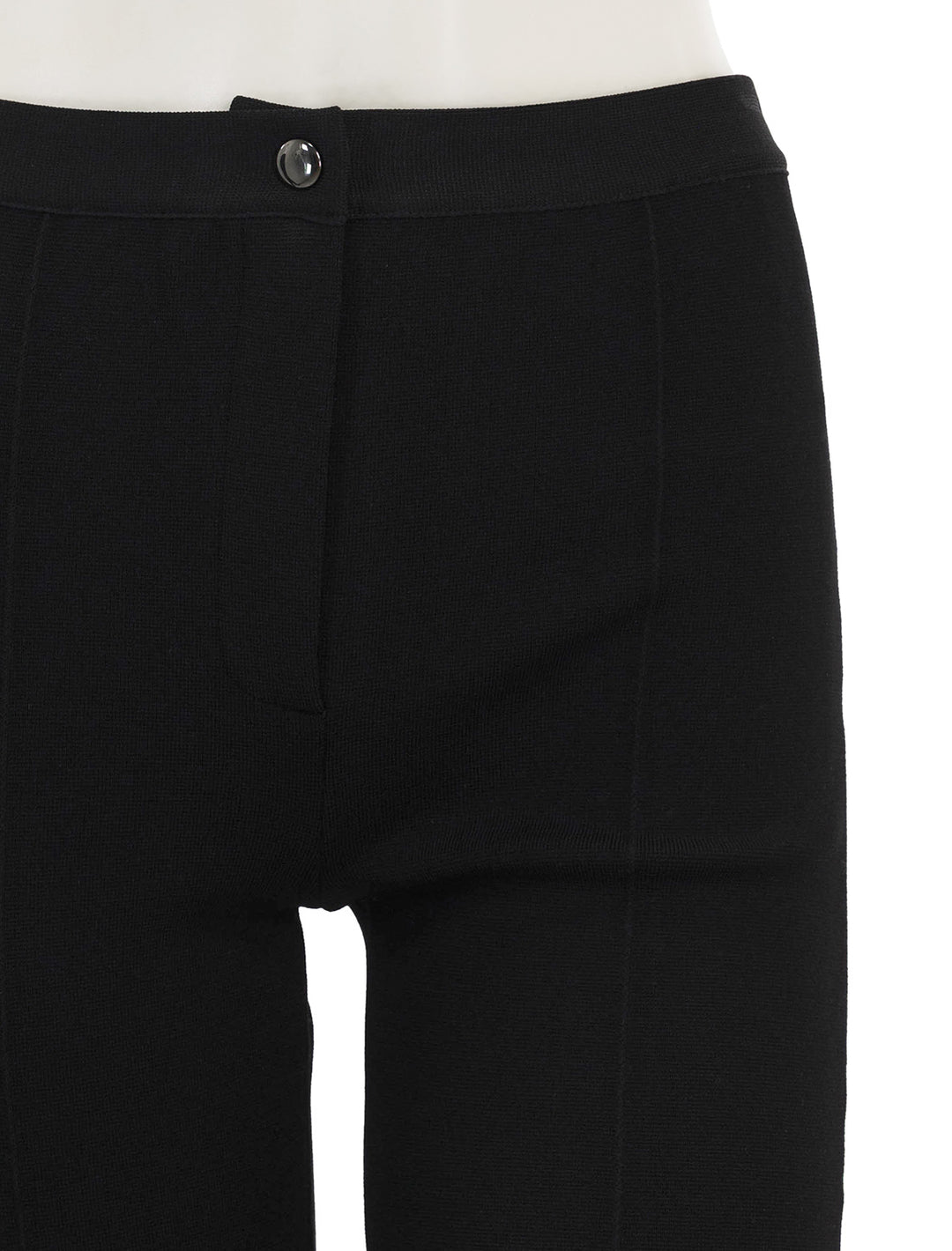 Close-up view of heory's flare pant in black compact crepe.