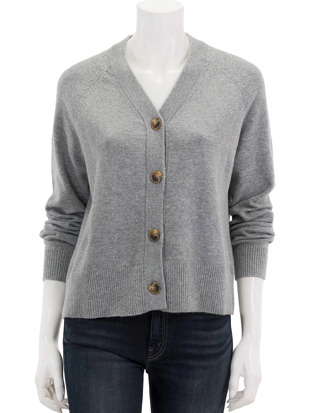 Front view of Faherty's jackson cardigan in grey heather.
