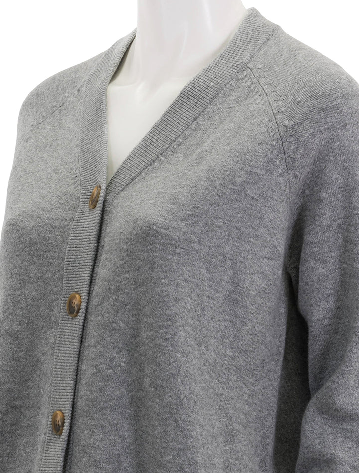 Close-up view of Faherty's jackson cardigan in grey heather.