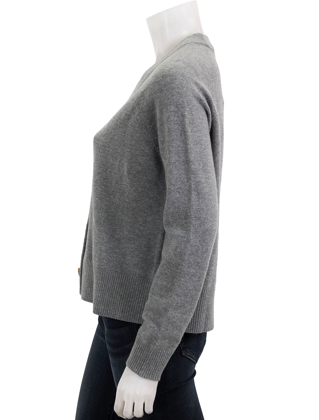 Side view of Faherty's jackson cardigan in grey heather.