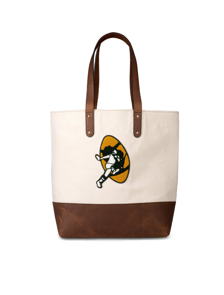 Front view of Heritage Gear's packers cream "titletown" tote bag.