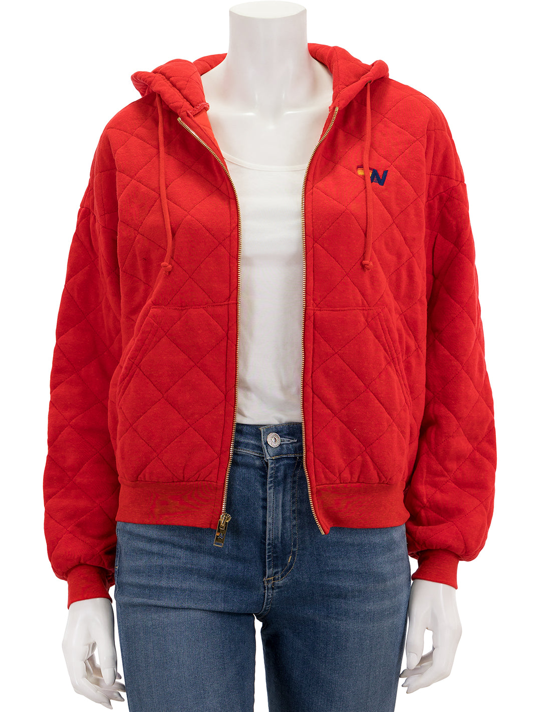 Front view of Aviator Nation's quilted zip hoodie in red, unzipped.