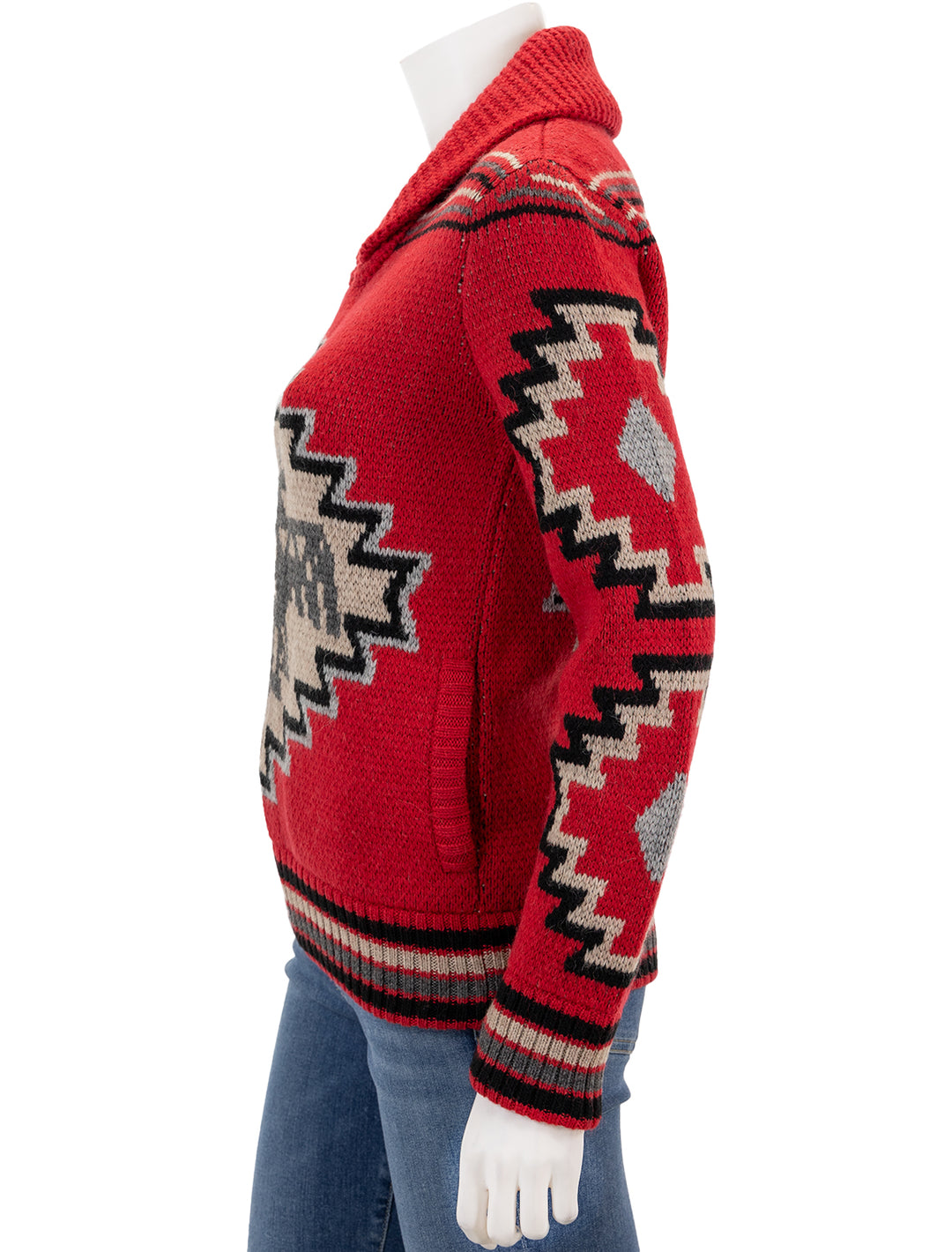 Side view of Faherty's spj thunderbird cardigan.
