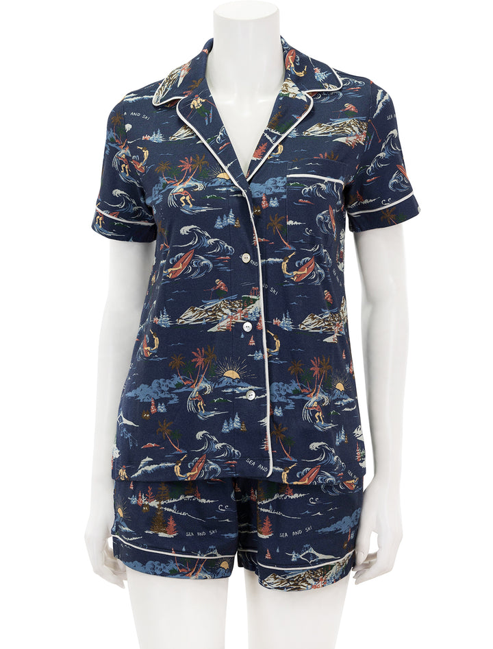 Front view of Faherty's sea to ski cloud pj set in navy.