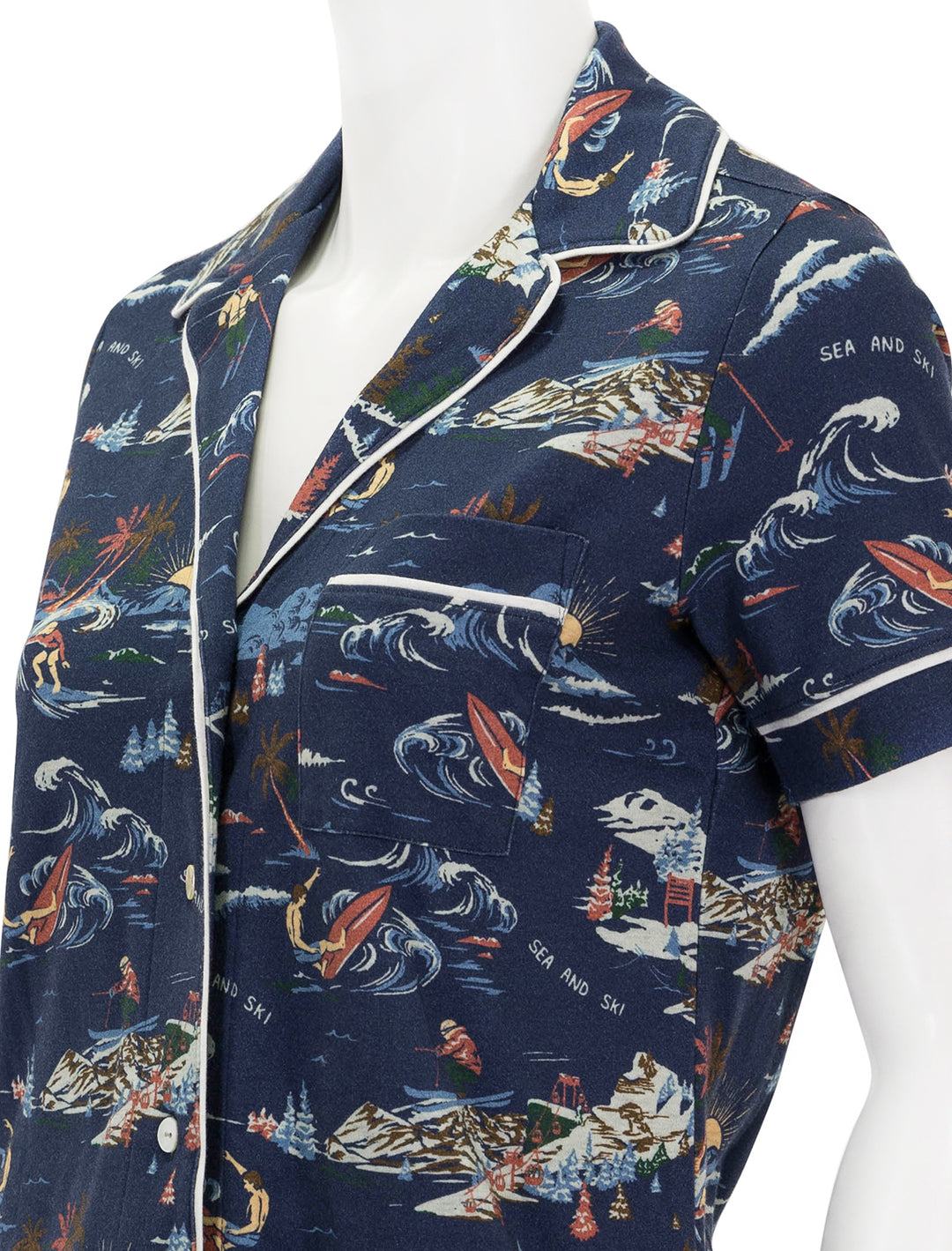 Close-up view of Faherty's sea to ski cloud pj set in navy.
