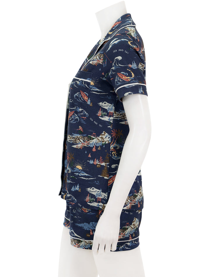 Side view of Faherty's sea to ski cloud pj set in navy.