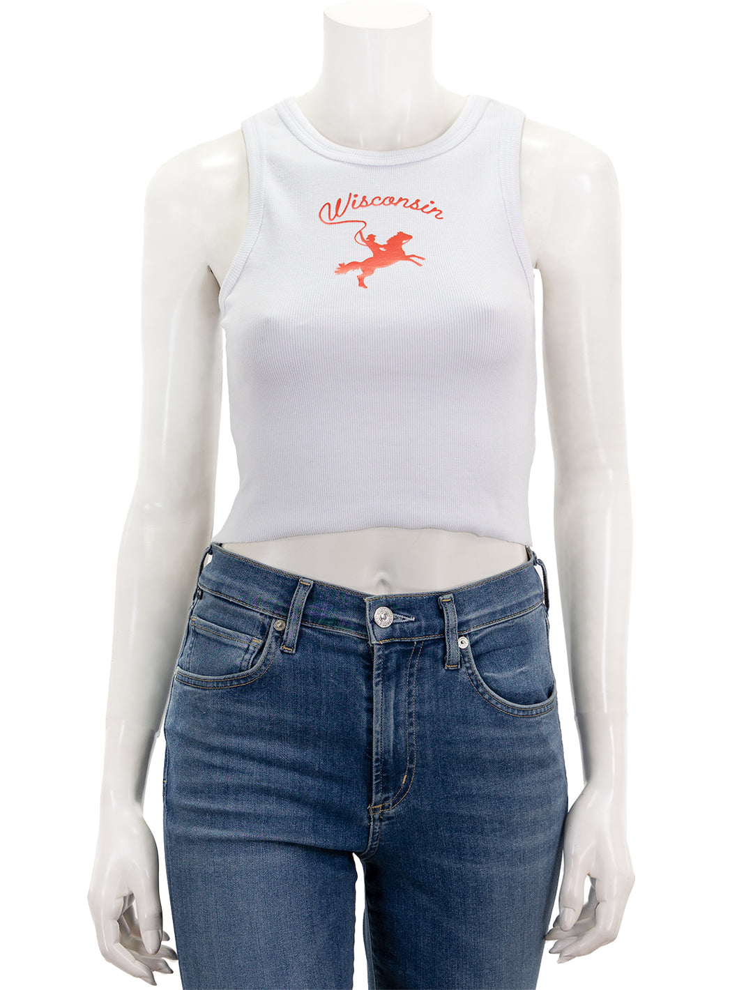 Front view of Recess Apparel's cropped wisco high neck tank in white.