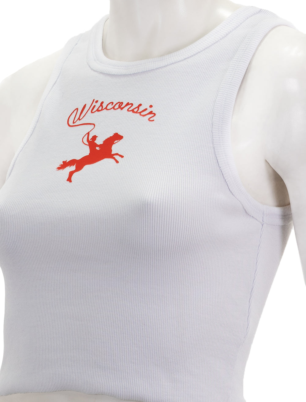 Close-up view of Recess Apparel's cropped wisco high neck tank in white.
