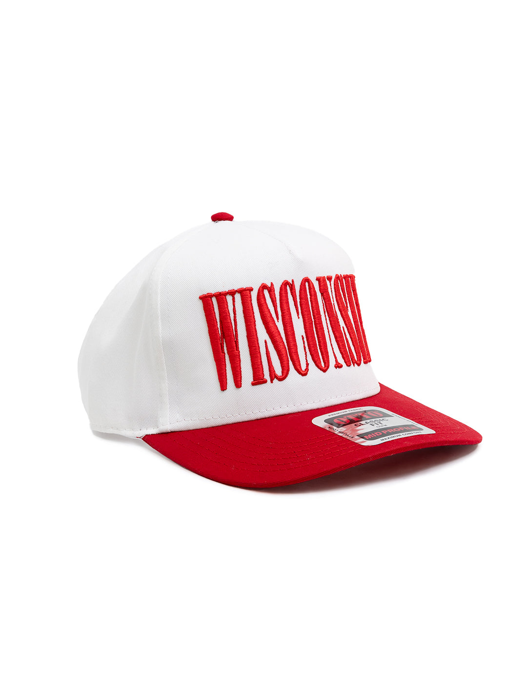 Front angle view of Recess Apparel's Wisconsin Stretch Contrast Cap in Red and White.