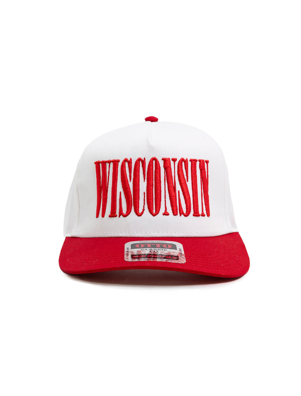 Front view of Recess Apparel's Wisconsin Stretch Contrast Cap in Red and White.