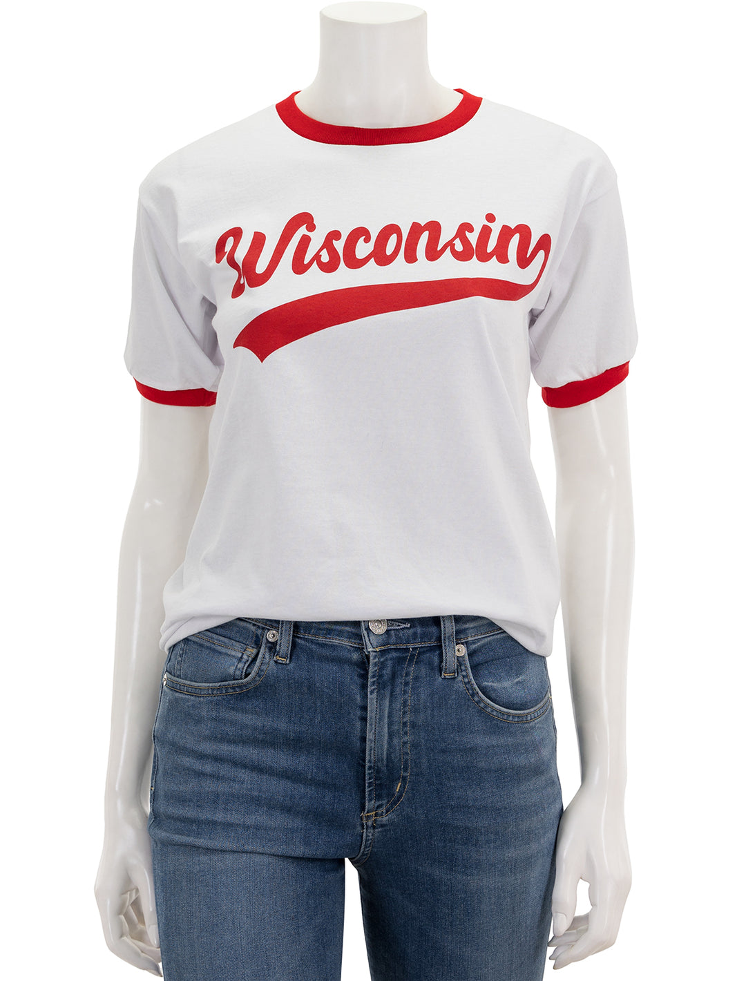 Front view of Recess Apparel's script ringer tee in white and red.