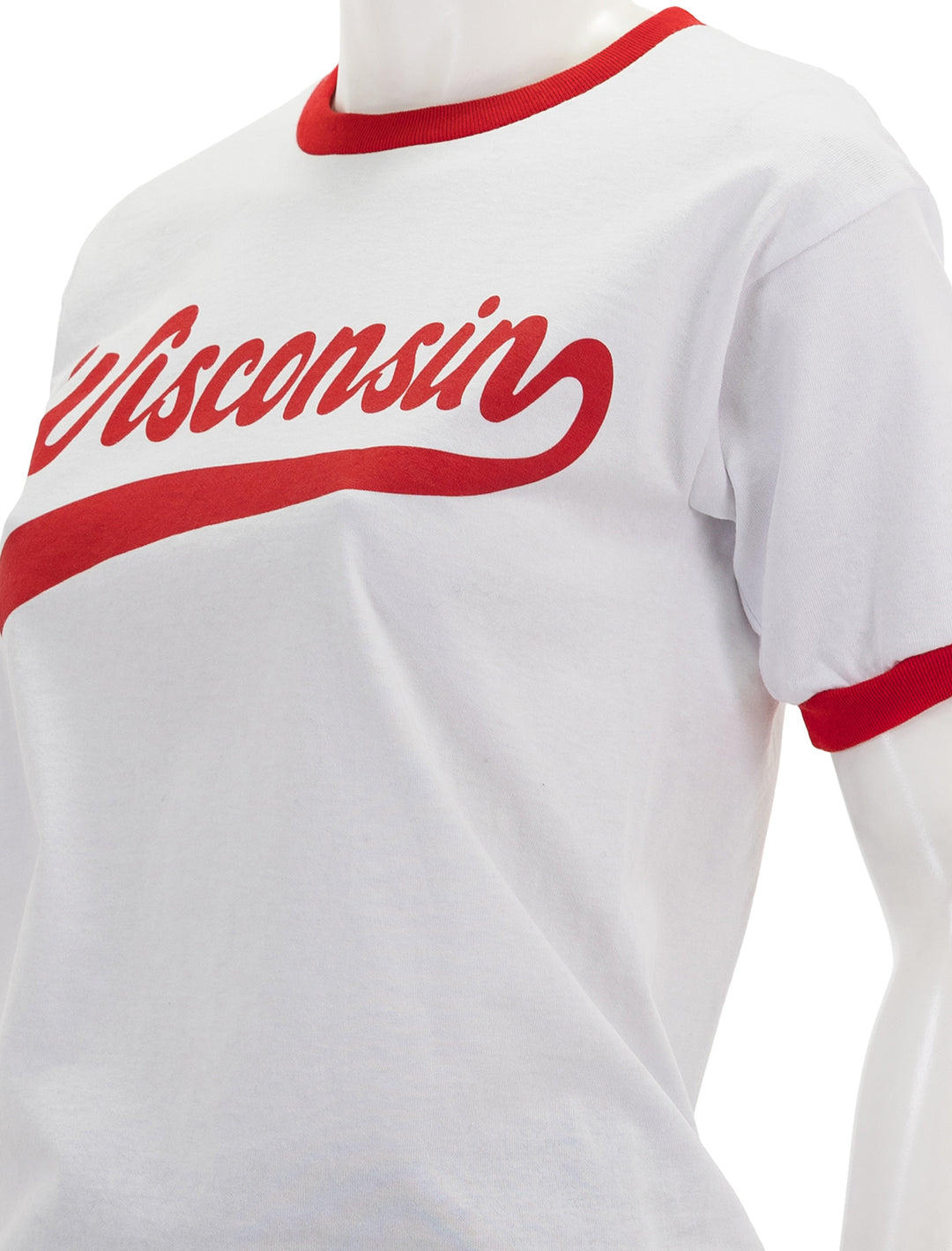 Close-up view of Recess Apparel's script ringer tee in white and red.