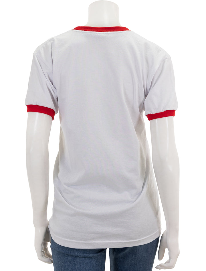 Back view of Recess Apparel's script ringer tee in white and red.