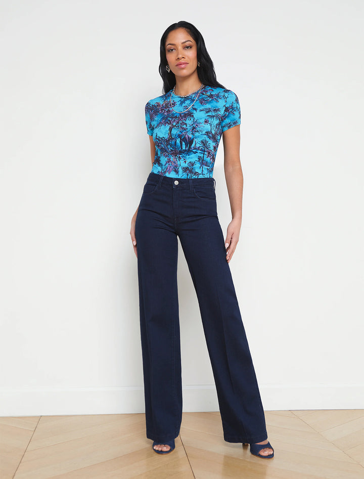 model wearing ressi tee in blue jungle toile with wide leg jeans
