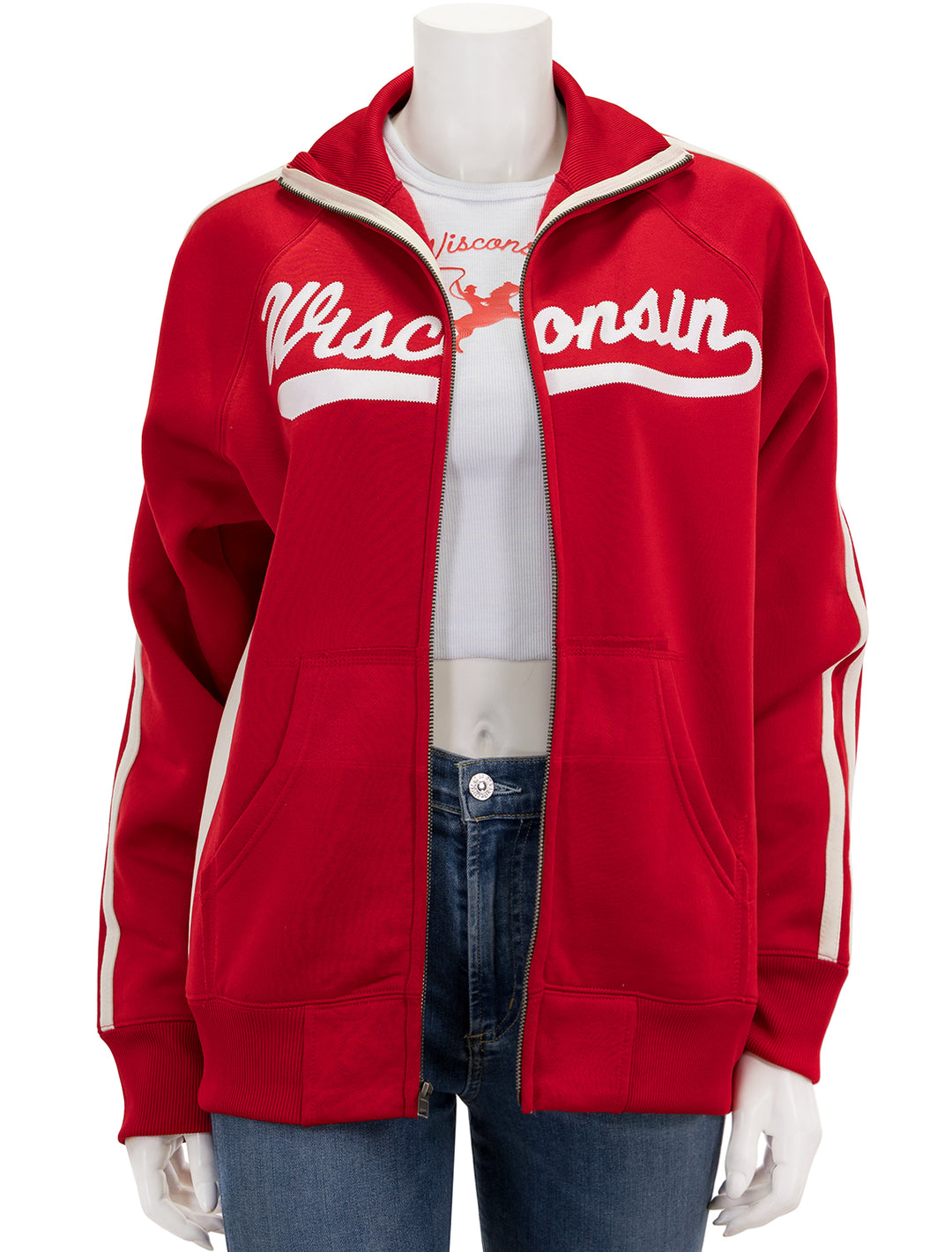 Front view of Recess Apparel's Old School Track Jacket in Red, unzipped.